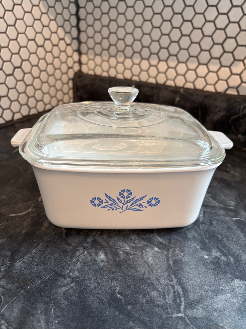 Vintage Corningware White Casserole with Blue Floral Motif and Glass Lid
